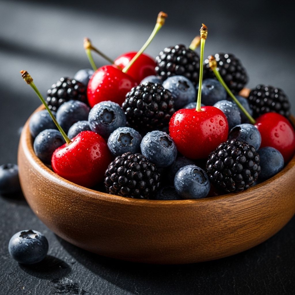Vibrant assortment of fresh blueberries, blackberries and red cherries in a rustic wooden bowl on a dark textured surface, rich deep colours and moody natural lighting