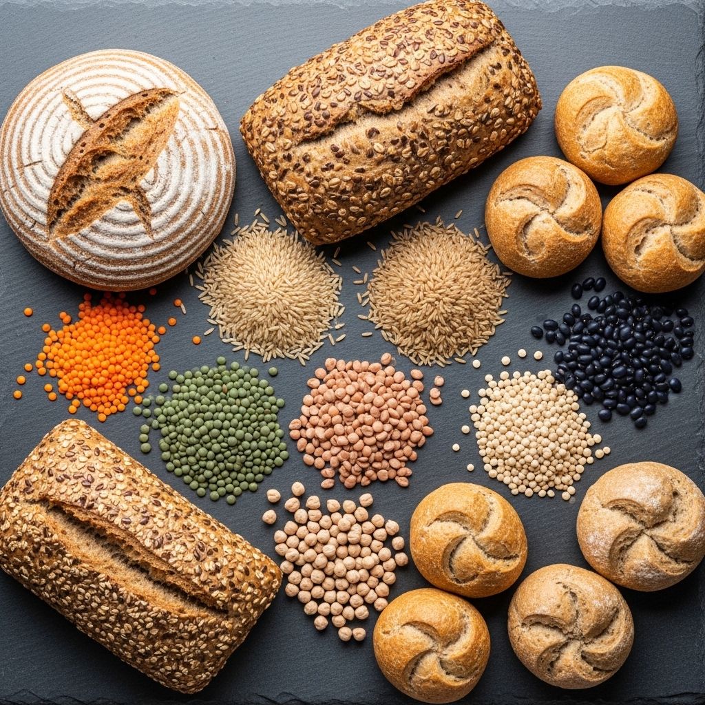 Assortment of whole grain breads, brown rice, quinoa and legumes arranged on a textured stone surface, muted earthy tones, cinematic overhead lighting