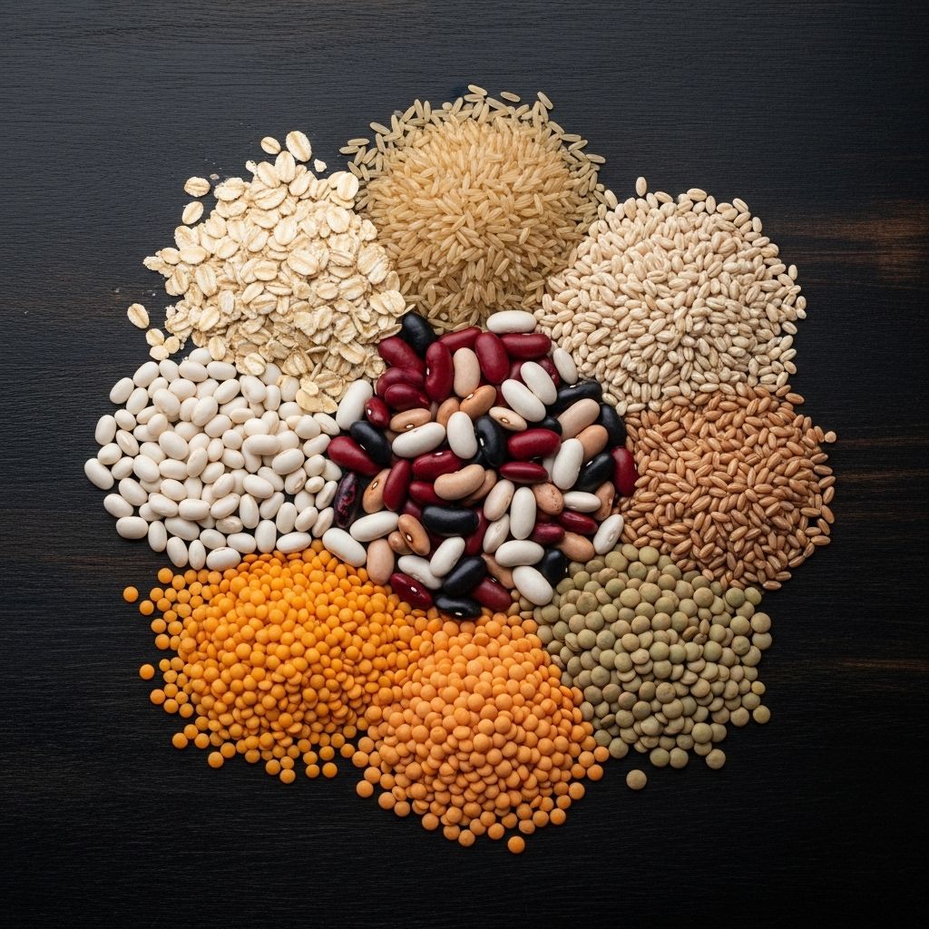 Overhead photograph of a variety of whole grains, lentils and legumes including oats, brown rice, barley and mixed beans arranged in sections on a dark textured background