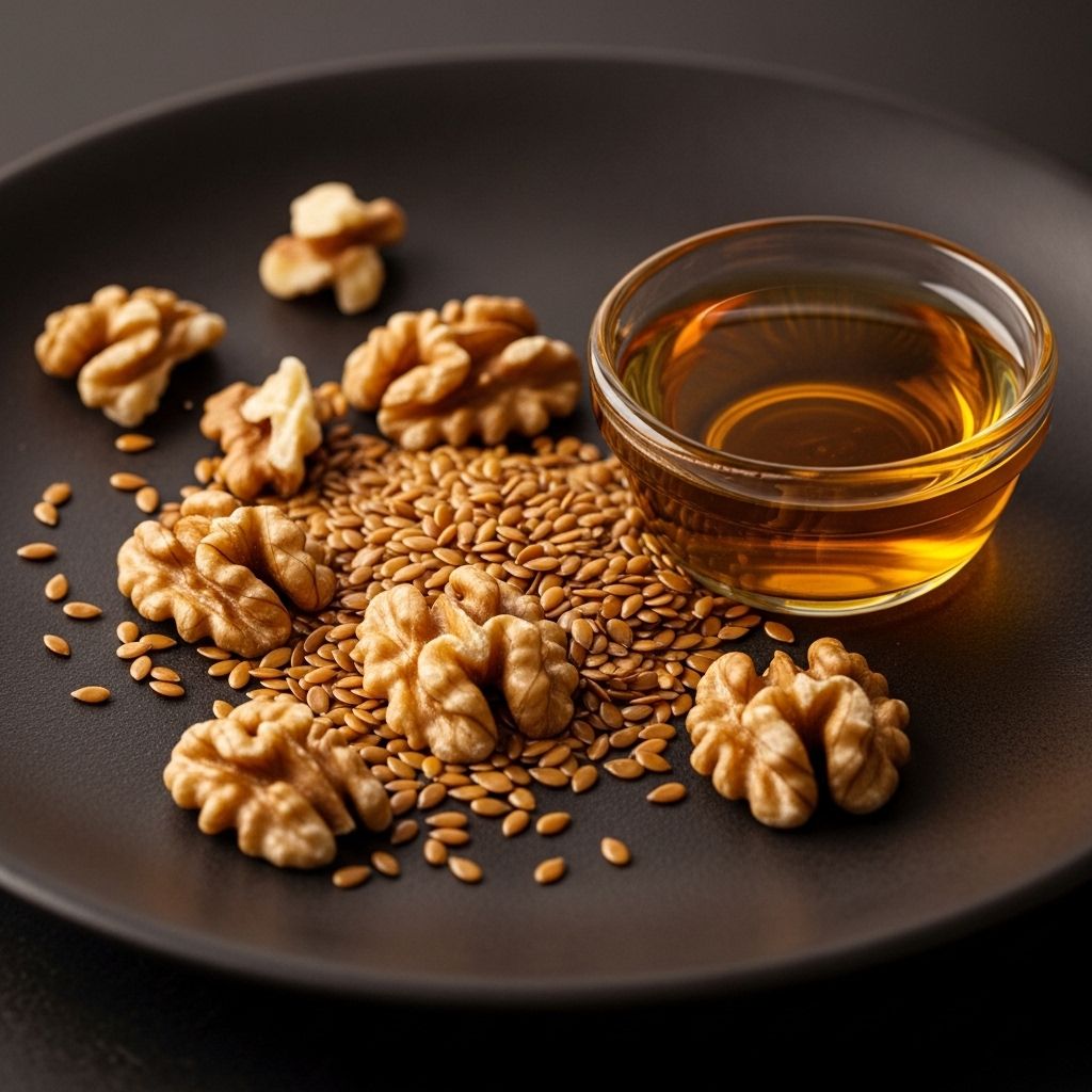 Close-up textured photograph of golden flaxseeds and walnuts scattered on a dark ceramic surface beside a small glass dish of amber-coloured oil, warm cinematic lighting