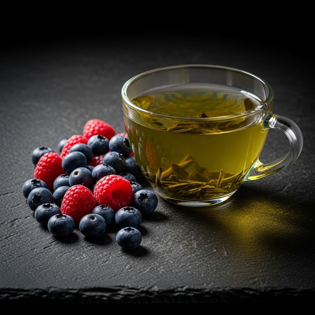 Elegant still life of a glass cup of green tea beside a scattered arrangement of fresh blueberries and raspberries on a dark stone surface, moody chiaroscuro lighting